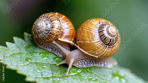 Two snails mating on a green leaf in nature