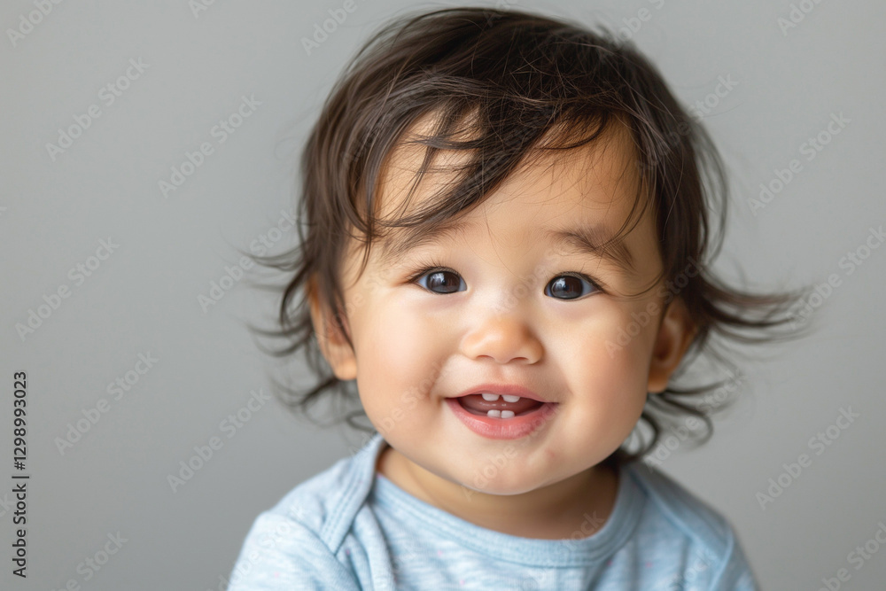 Adorable Asian baby boy with curly hair smiling brightly against a soft gray background. Adorable Asian baby boy with curly hair smiling brightly against a soft gray background.