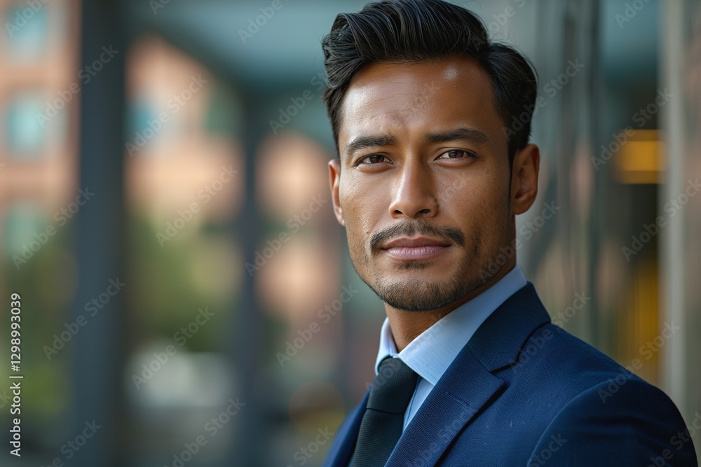 A confident South Asian male professional in a formal blue suit, exuding charisma and focus. A confident South Asian male professional in a formal blue suit, exuding charisma and focus.