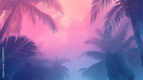 A dreamy landscape featuring vibrant pink and blue hues with palm trees, creating a serene and tropical atmosphere.