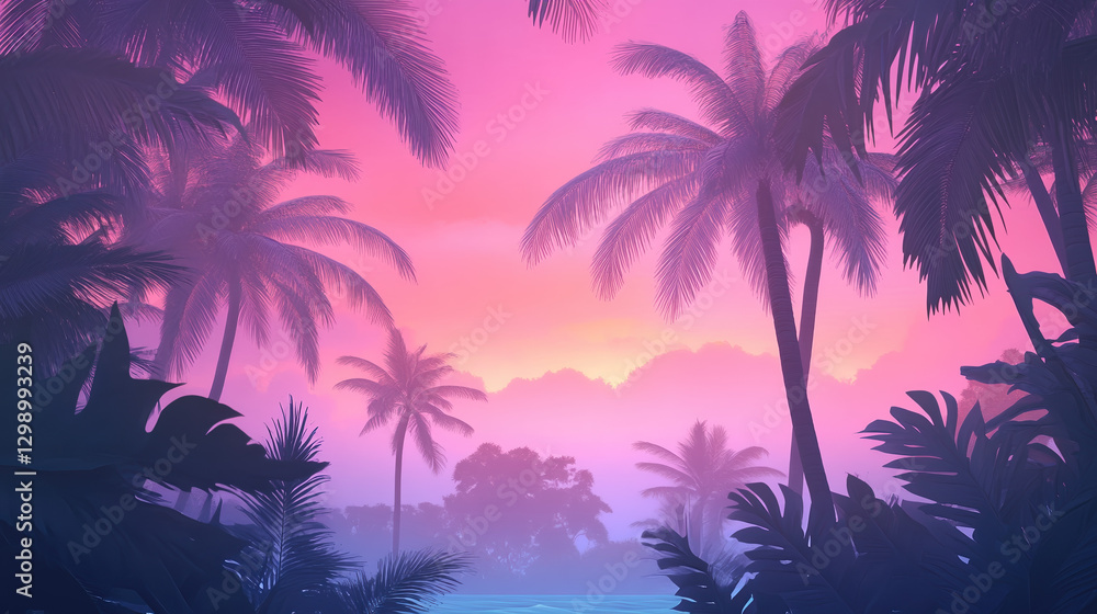 A vibrant tropical scene featuring palm trees silhouetted against a colorful sunset, creating a serene and dreamy atmosphere. A vibrant tropical scene featuring palm trees silhouetted against a colorful sunset, creating a serene and dreamy atmosphere.
