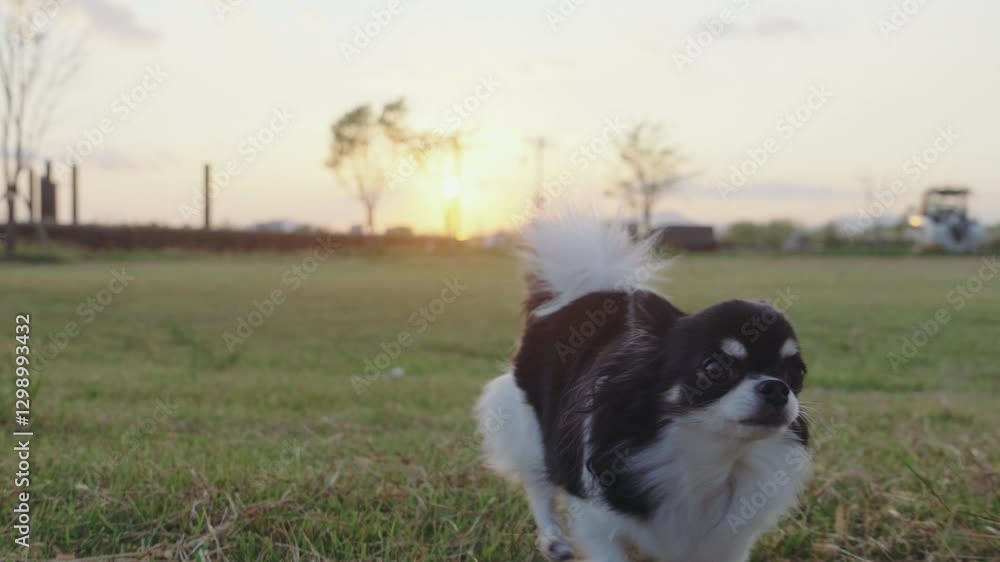 Cute long-haired chihuahua dog walking towards camera during golden hour sunset green field park Cute long-haired chihuahua dog walking towards camera during golden hour sunset green field park