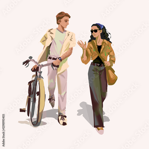 illustration design, man walking, sketch mood Digital painting, semi-realism, stylish couple, casual conversation, urban fashion, photo