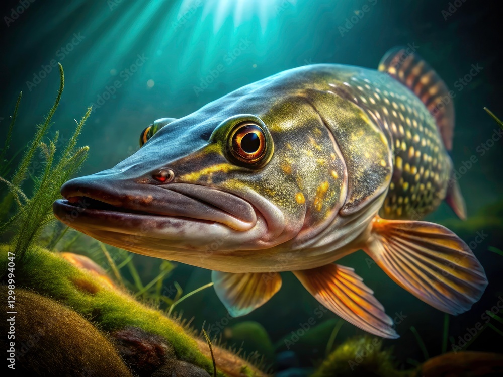Fototapeta premium Underwater Northern Pike Hunting - Low Light Photography, Fish Predator, Aquatic Wildlife