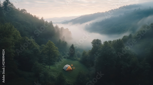 A serene camping scene surrounded by lush green forests, with a tent set in a misty valley at dawn.