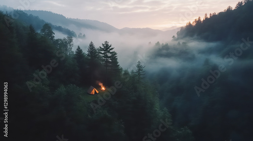 A serene camping scene in a misty forest, showcasing a glowing tent surrounded by towering trees and mountains at dawn.