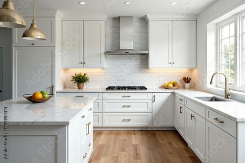 White shaker cabinets, marble countertops, subway tile, pendant lights, modern, countertops