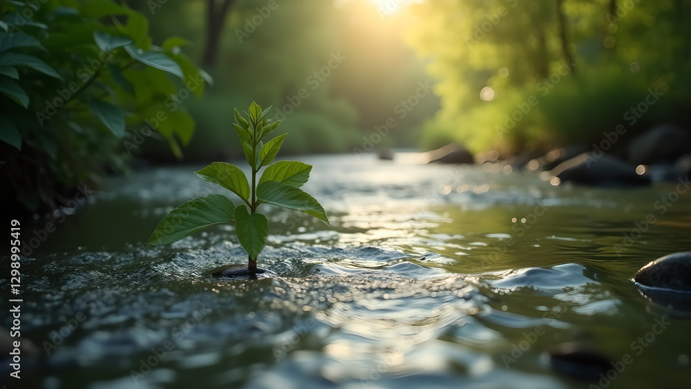 Fototapeta premium Resilient Sprout Emerging in Flowing Stream