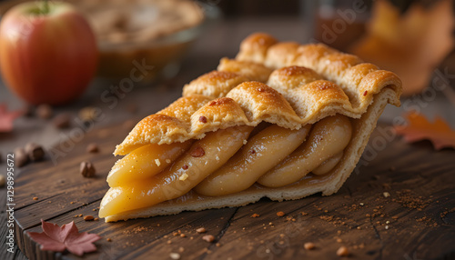 A comforting slice of homemade apple pie with a flaky golden crust and warm cinnamon-spiced apple filling.