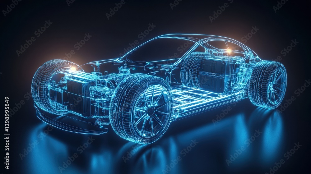 Modern Electric Car Chassis X-Ray: Line Art 3D Illustration in a Studio Environment, Highlighting the Vehicle Battery Modern Electric Car Chassis X-Ray: Line Art 3D Illustration in a Studio Environment, Highlighting the Vehicle Battery