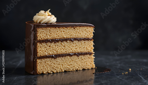 A luxurious slice of French opera cake with alternating layers of almond sponge, coffee buttercream, and glossy chocolate ganache.