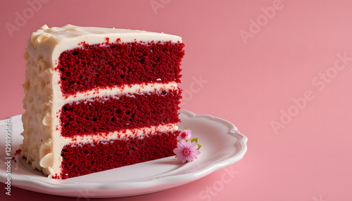 A bold, velvety slice of red velvet cake with layers of rich cream cheese frosting, resting on a white plate. 