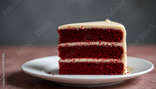 A bold, velvety slice of red velvet cake with layers of rich cream cheese frosting, resting on a white plate. 
