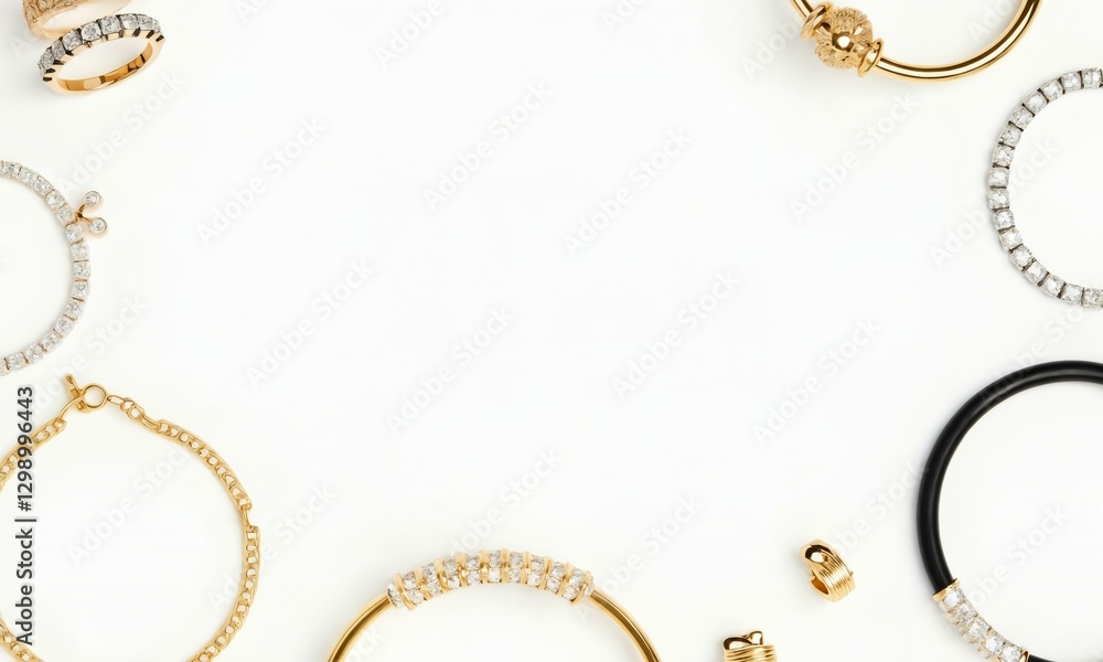 Modern jewelry pieces such as rings, bracelets, and earrings arranged around a white background, sophisticated and elegant. Modern jewelry pieces such as rings, bracelets, and earrings arranged around a white background, sophisticated and elegant.
