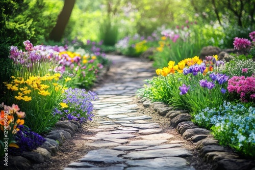 A stone path winds through a vibrant garden filled with colorful blooms, sunlight filters through the trees, creating a peaceful scene.