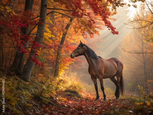 A strong chestnut horse walks through an autumn forest, surrounded by falling red and orange A strong chestnut horse walks through an autumn forest, surrounded by falling red and orange leaves