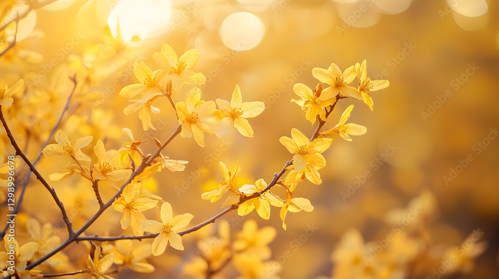 A golden forsythia bush in bloom with sunlight filtering through the branches, casting warm light on the petals. A golden forsythia bush in bloom with sunlight filtering through the branches, casting warm light on the petals.