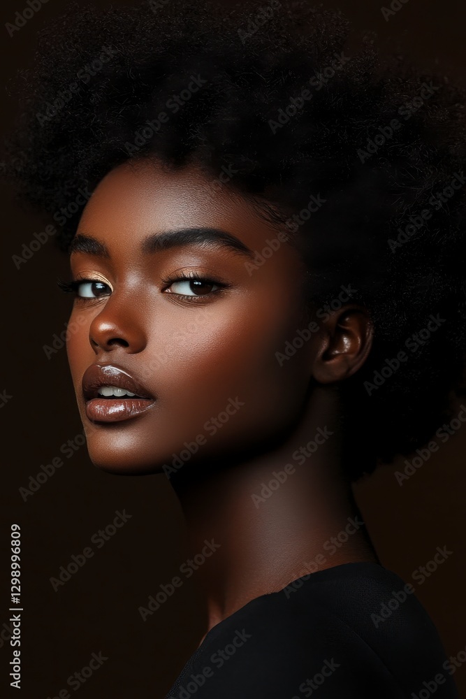 Closeup Portrait Of A Person With Curly Hair And Glittering Skin Against A Dark Background (Studio Setting) With Facial Expression Focus and Dramatic Lighting. High Fashion Portraiture Style. (Close Closeup Portrait Of A Person With Curly Hair And Glittering Skin Against A Dark Background (Studio Setting) With Facial Expression Focus and Dramatic Lighting. High Fashion Portraiture Style. (Close