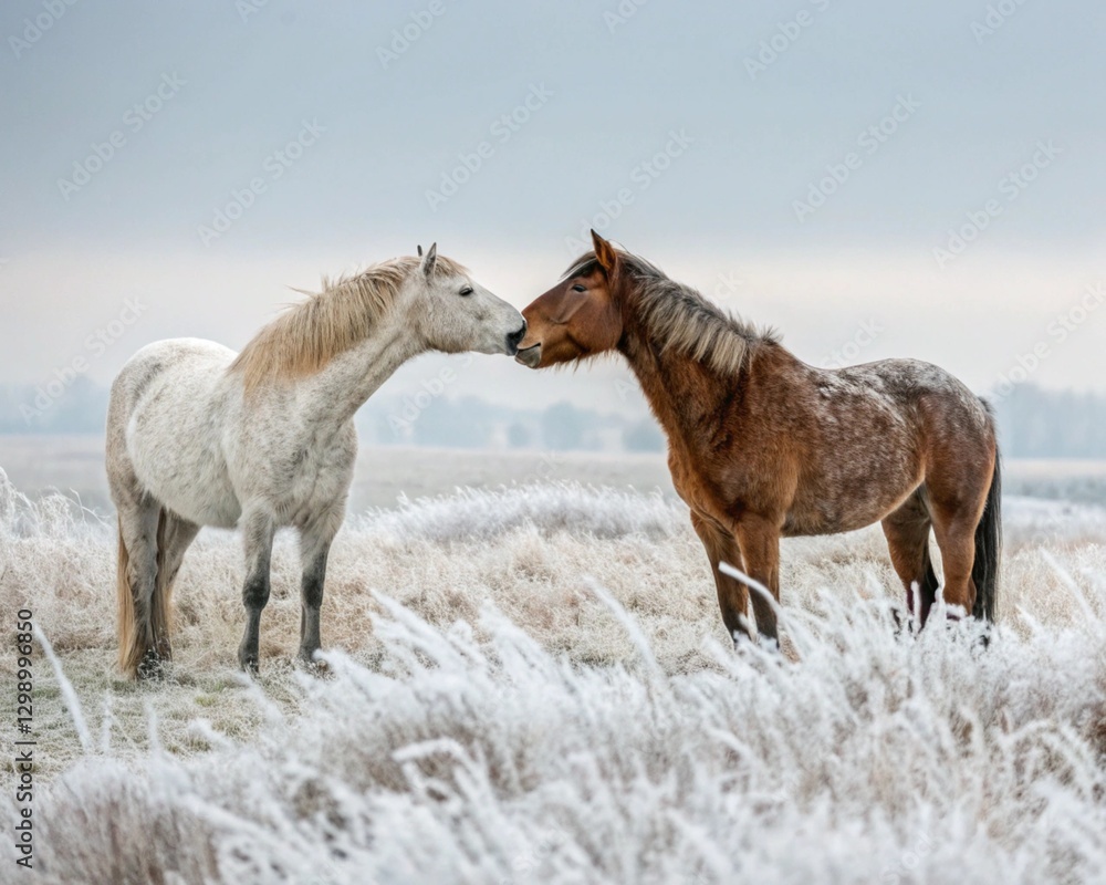 Two horses nuzzle affectionately in a frost-covered field, symbolizing warmth, love, and companionship in the heart of winter. Two horses nuzzle affectionately in a frost-covered field, symbolizing warmth, love, and companionship in the heart of winter.