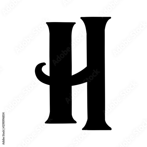 Magic Bold letter h of latin english language. Black font symbol in hand drawn doodle style. Vector illustration isolated on white background. For presentation, logo, branding, font, education.
