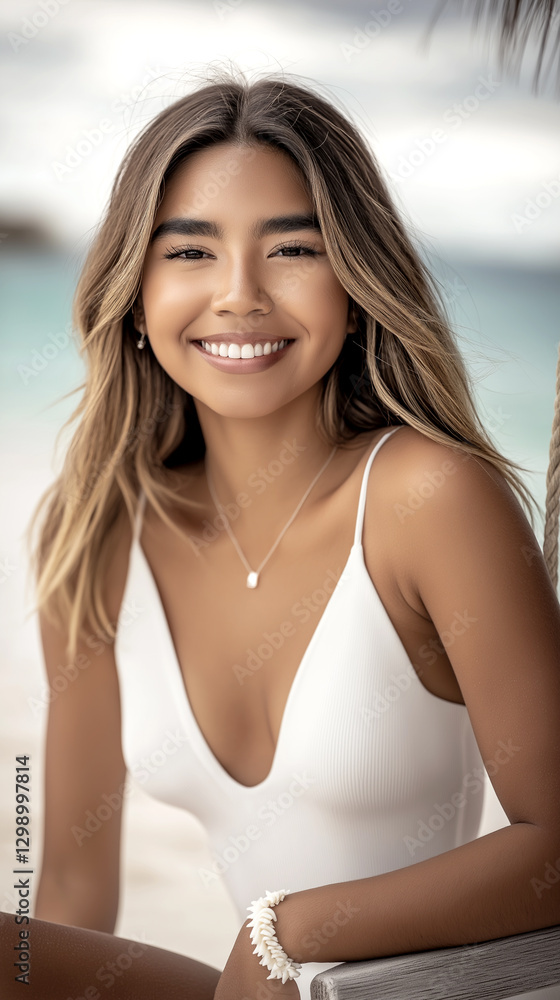 Woman with long brown hair and a white tank top is smiling at the camera. She is wearing a necklace and a bracelet Woman with long brown hair and a white tank top is smiling at the camera. She is wearing a necklace and a bracelet