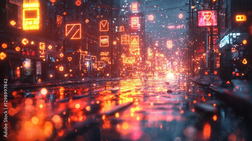 Naklejka premium Exploring Vibrant Neon Cityscape at Night with Reflections on Wet Pavement