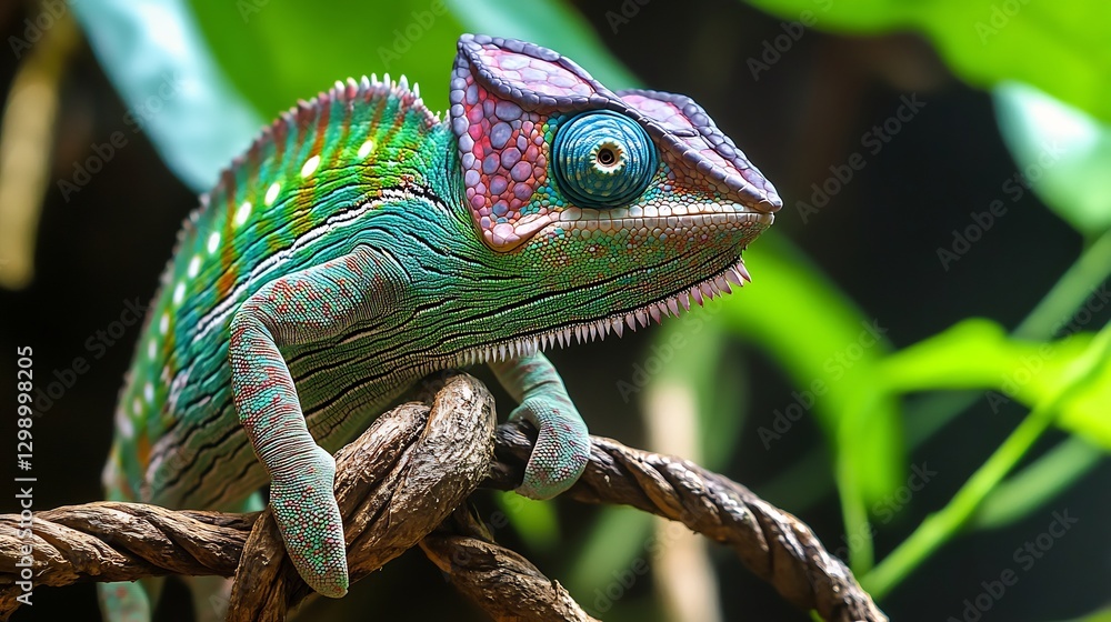 Obraz premium Stunning Panther Chameleon gripping a twisted vine its scaly skin shifting between shades of green blue and red eyes rotating independently as it scans the environment