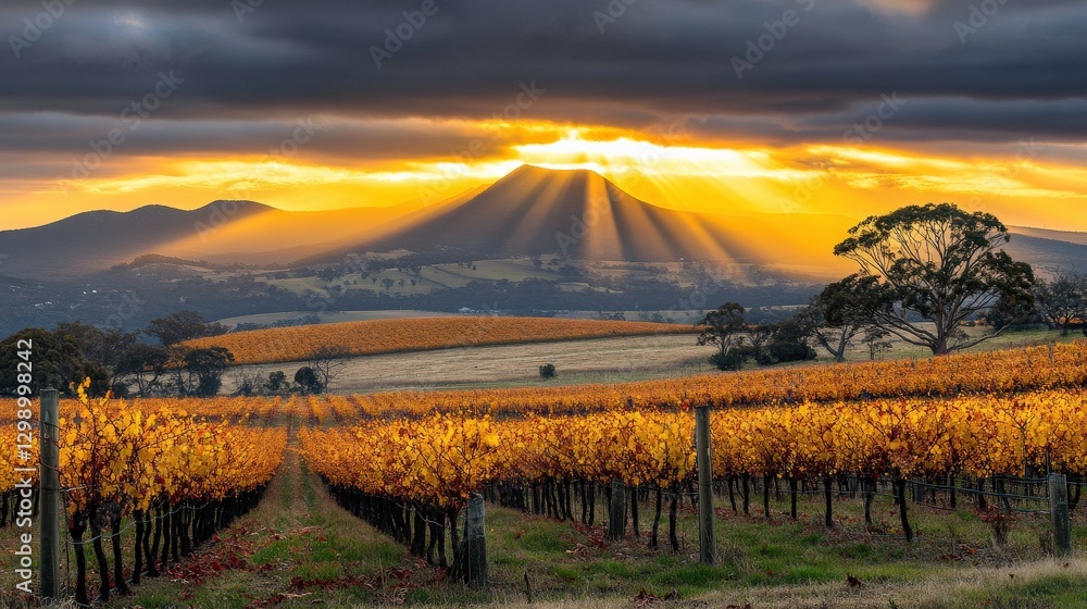 Obraz premium Golden Rays Illuminate Vineyard Rows with Morning Dew Glistening