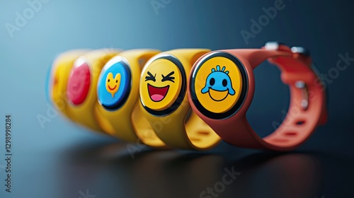 Expressive smartwatches row displaying unique face emotions features photo