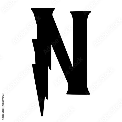 Magic Bold letter n of latin english language. Black font symbol in hand drawn doodle style. Vector illustration isolated on white background. For presentation, logo, branding, font, education.