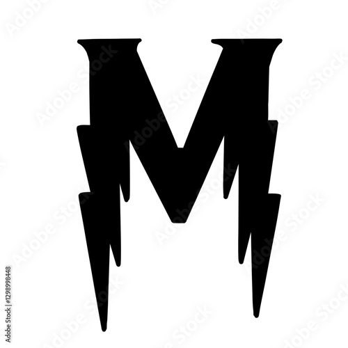 Magic Bold letter m of latin english language. Black font symbol in hand drawn doodle style. Vector illustration isolated on white background. For presentation, logo, branding, font, education.