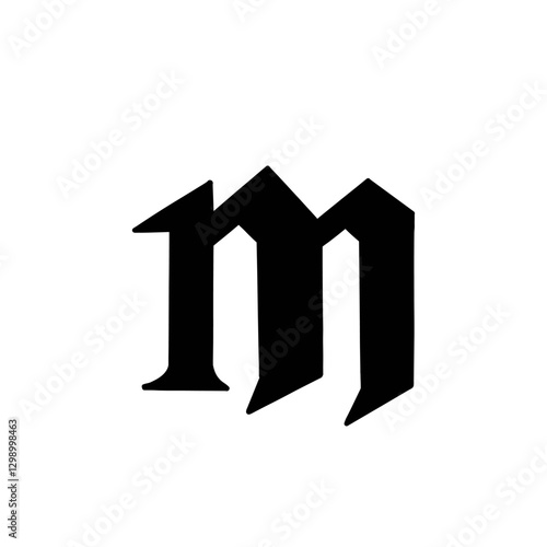 Magic Bold letter m of latin english language. Black font symbol in hand drawn doodle style. Vector illustration isolated on white background. For presentation, logo, branding, font, education.