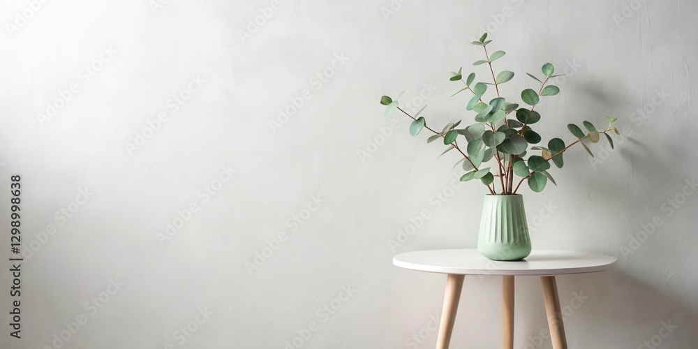 Simple greenery in a pale green vase on a small side table against a white textured wall. Simple greenery in a pale green vase on a small side table against a white textured wall.