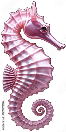 Pink, iridescent, three-dimensional seahorse with a metallic sheen.
