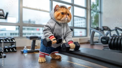 A funny orange cat in a gym holds heavy dumbbell, putting great effort into lifting for a bicep curl exercise. The cat is dressed in a gray hoodie. Gym equipment, weights. Funny pet sport concept