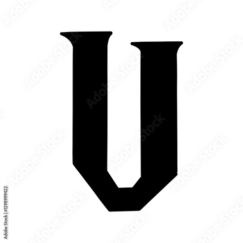 Magic Bold letter U of latin english language. Black font symbol in hand drawn doodle style. Vector illustration isolated on white background. For presentation, logo, branding, font, education.