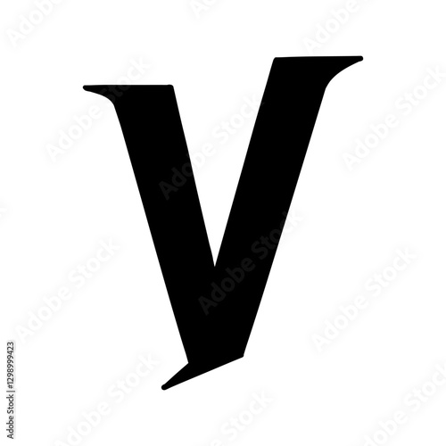 Magic Bold letter V of latin english language. Black font symbol in hand drawn doodle style. Vector illustration isolated on white background. For presentation, logo, branding, font, education.