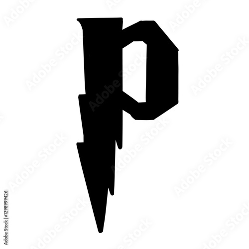 Magic Bold letter P of latin english language. Black font symbol in hand drawn doodle style. Vector illustration isolated on white background. For presentation, logo, branding, font, education.
