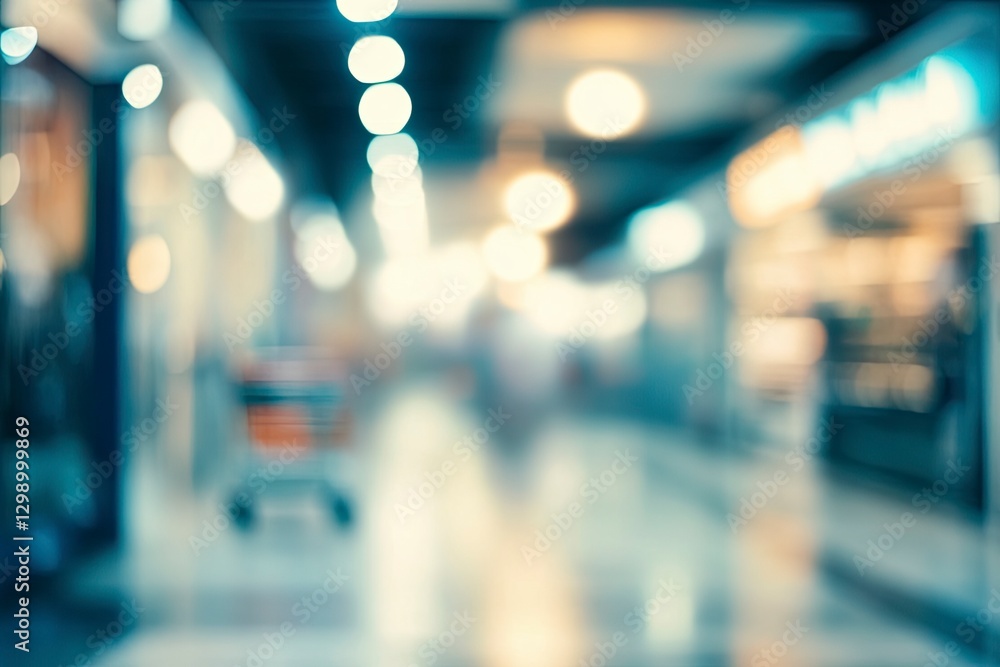 Blurred background of a supermarket with a shopping cart in the foreground. Supermarket shelves filled with various products, including food and household goods. Blurred background of a supermarket with a shopping cart in the foreground. Supermarket shelves filled with various products, including food and household goods.
