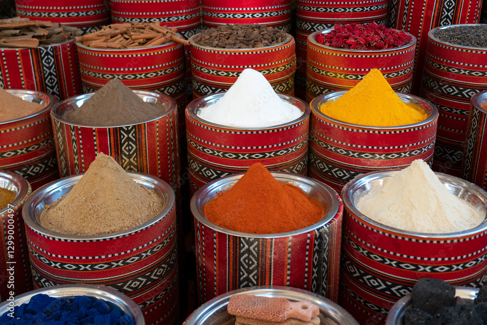 Spices in bowls on the Dubai market, United Arab Emirates