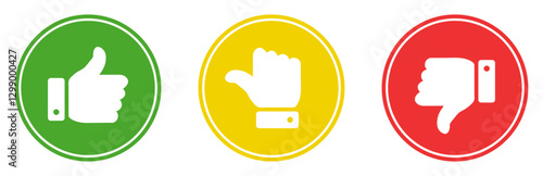 Rating thumb icon set in green, yellow and red color different style. Thumb up, middle, and down sign symbol. Like, neutral, and dislike hand icon on circle outline. Vector illustration.