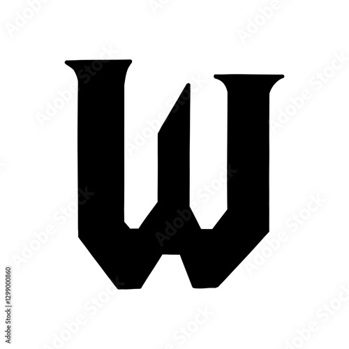 Magic Bold letter w of latin english language. Black font symbol in hand drawn doodle style. Vector illustration isolated on white background. For presentation, logo, branding, font, education.
