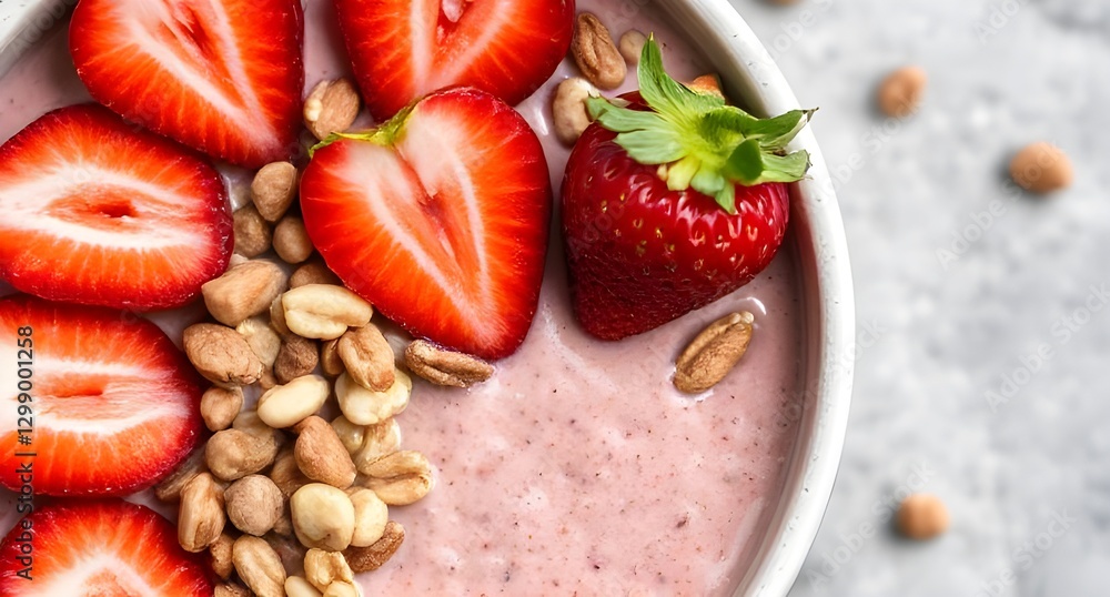 A smoothie bowl topped with nuts and strawberry A smoothie bowl topped with nuts and strawberry