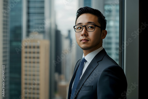 A young Asian professional in a tailored suit gazing through a skyscraper window