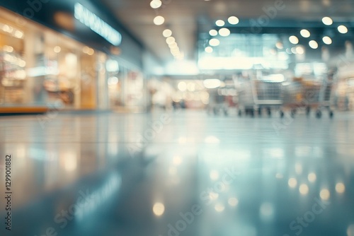 Wallpaper Mural Blurred background of a supermarket with a shopping cart in the foreground. Supermarket shelves filled with various products, including food and household goods. Torontodigital.ca