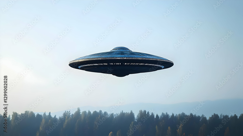Silver Pixelated UFO Hovering Above a Forest with Blue Sky and Green Trees Silver Pixelated UFO Hovering Above a Forest with Blue Sky and Green Trees