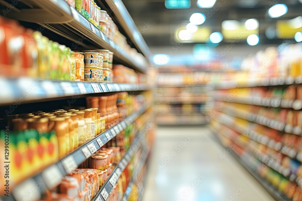 Fototapeta premium Blurred background of an indoor supermarket with shelves full of products, blurred background for design and text layout. Stock photo, suitable for placing a title at the top. 