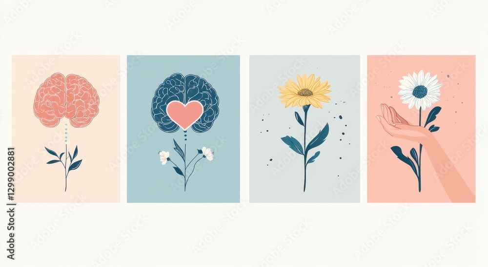 Fototapeta premium Abstract illustrations depicting mental health, emotions, nature, and connection