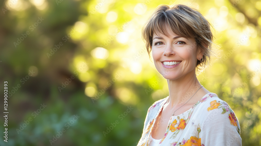 A joyful woman smiles warmly, radiating happiness and positivity. A joyful woman smiles warmly, radiating happiness and positivity.