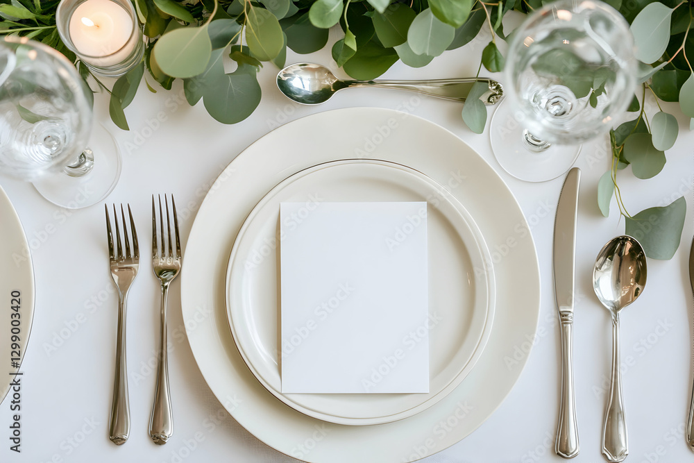 Elegant table setting with a blank white place card and silverware on a minimalist background Elegant table setting with a blank white place card and silverware on a minimalist background